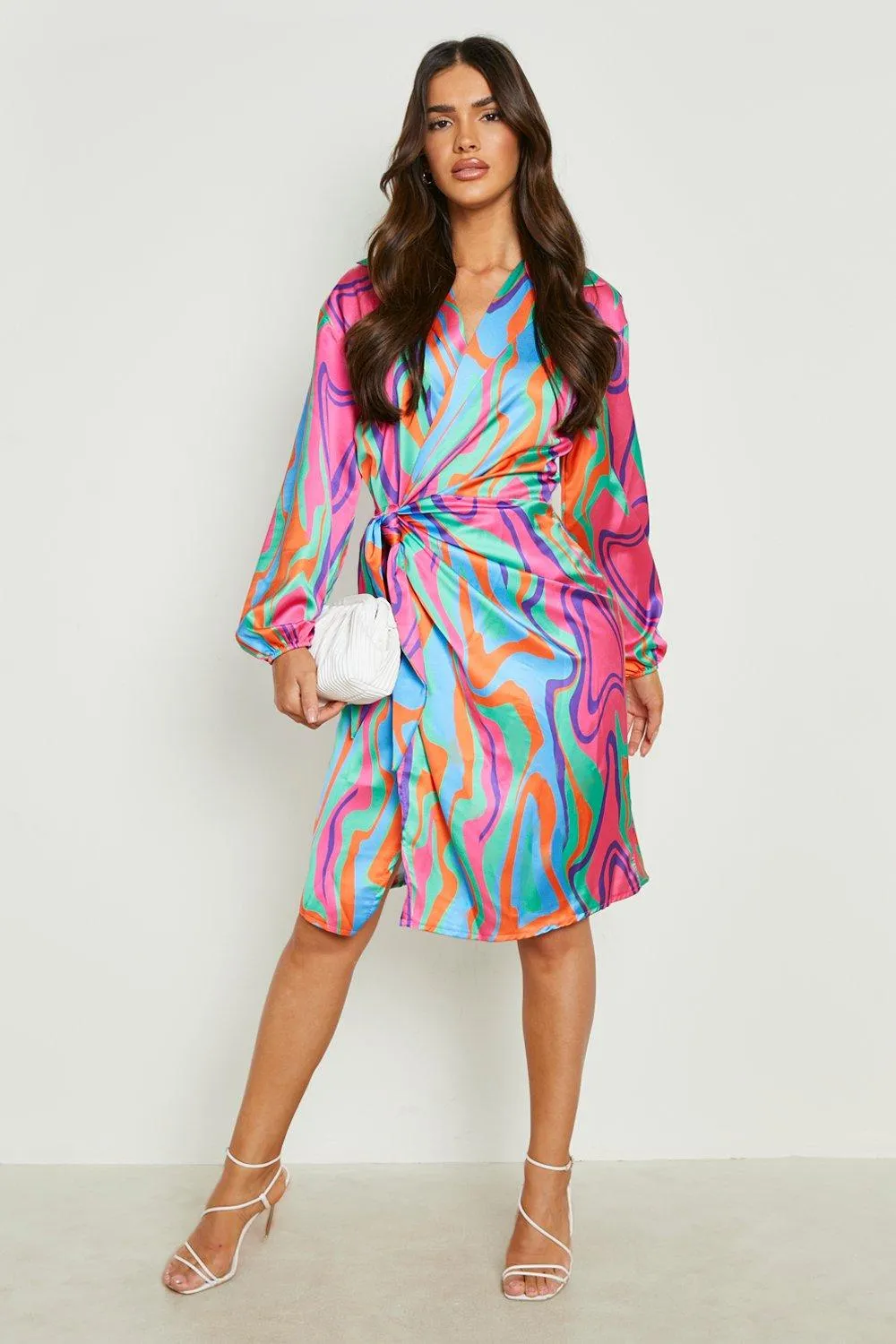 Abstract Animal Satin Wrap Midi Dress