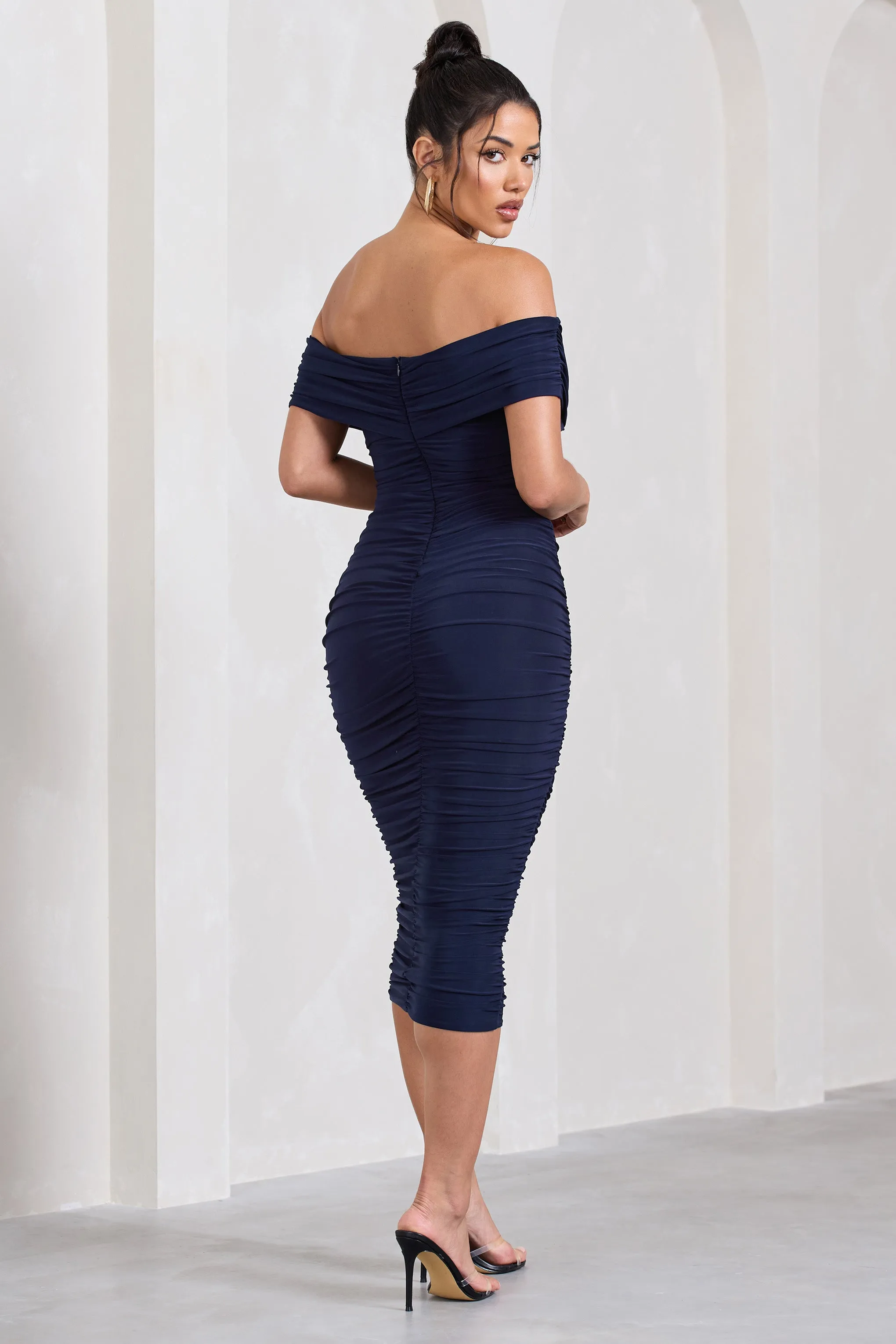 Amanda | Navy Twisted Wrap Bardot Midi Dress