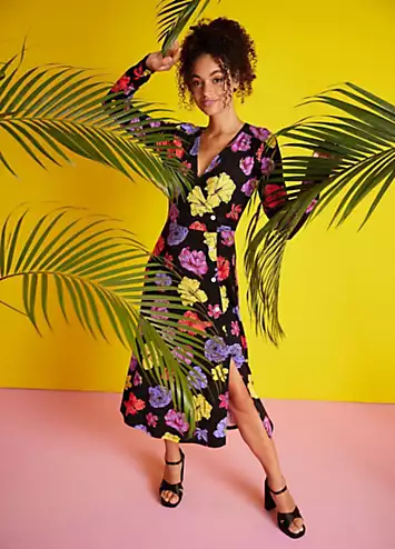 Aniston Floral Print Long Sleeve Wrap Midi Dress | Grattan