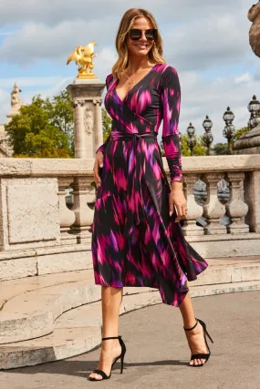 Black & Pink Abstract Print Midi Wrap Jersey Dress