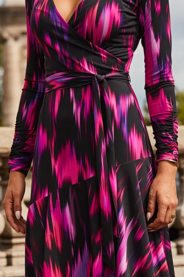 Black & Pink Abstract Print Midi Wrap Jersey Dress