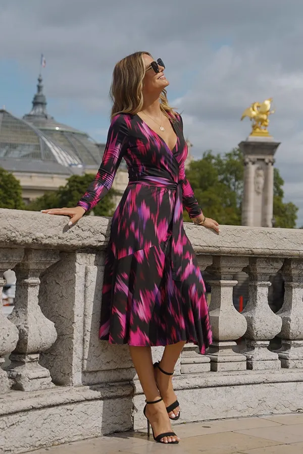 Black & Pink Abstract Print Midi Wrap Jersey Dress