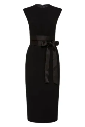 --Black Crepe Satin Wrap Midi Dress-