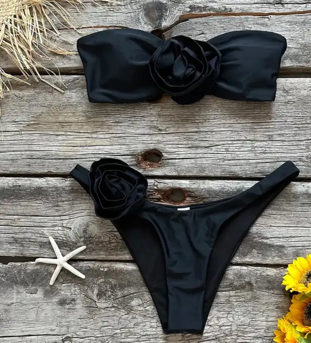 Black Rose Bandeau Bikini Set