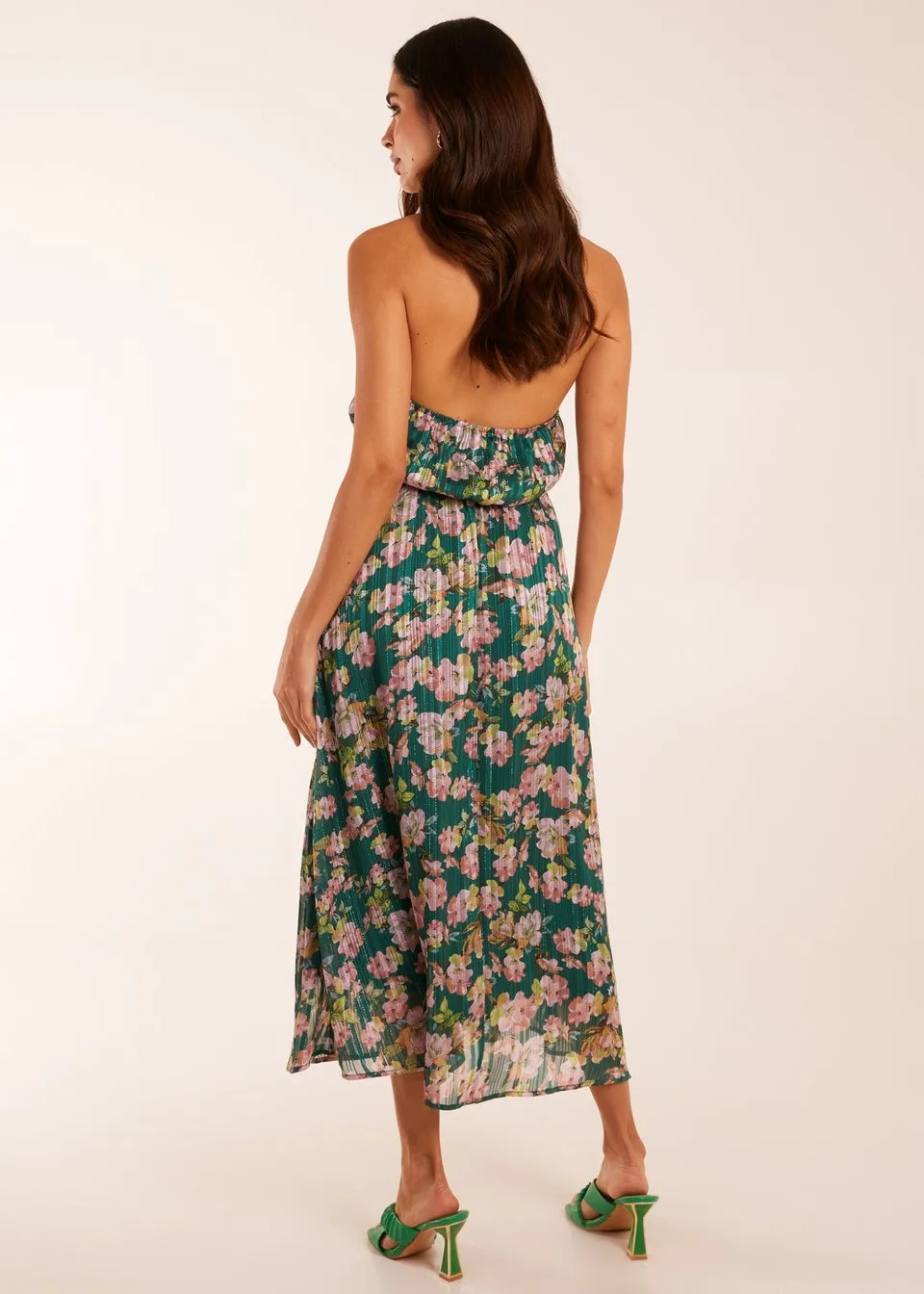 Blue Vanilla Green Wrap Halter Neck Pleated Midi Dress