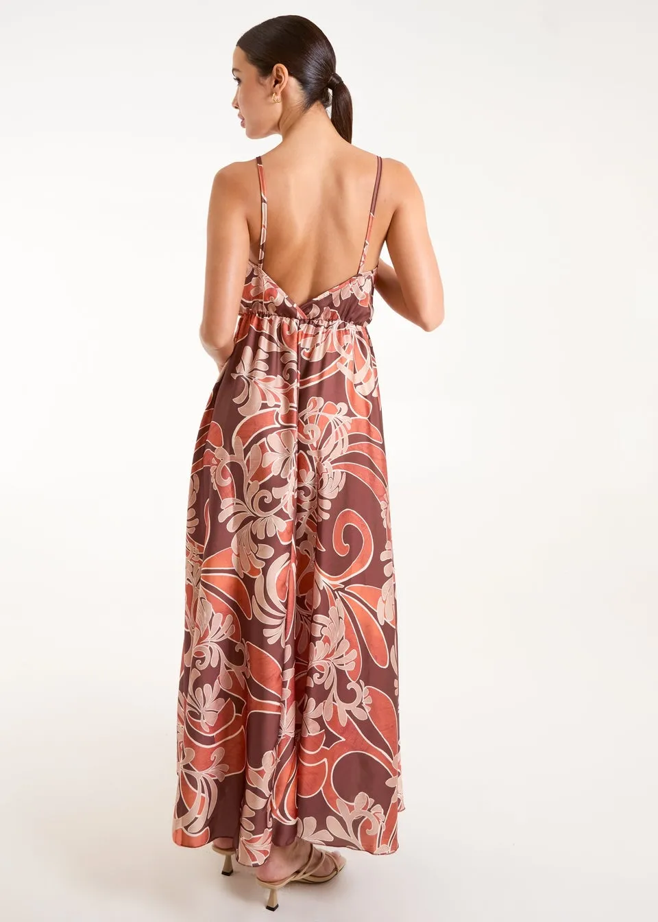 Blue Vanilla Terracotta Paisley Printed Satin Wrap Maxi Dress