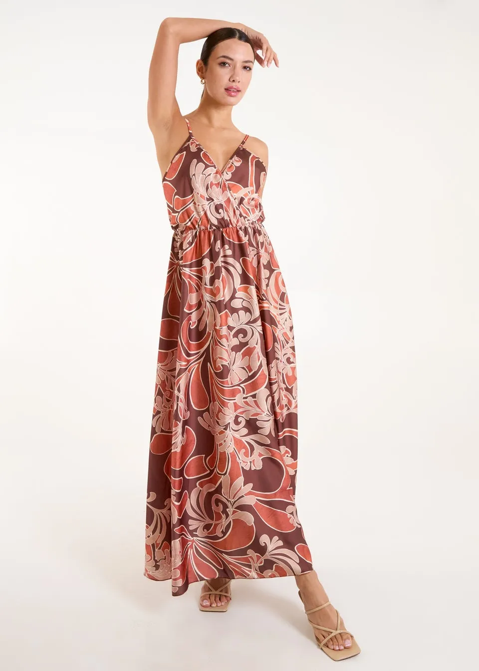 Blue Vanilla Terracotta Paisley Printed Satin Wrap Maxi Dress