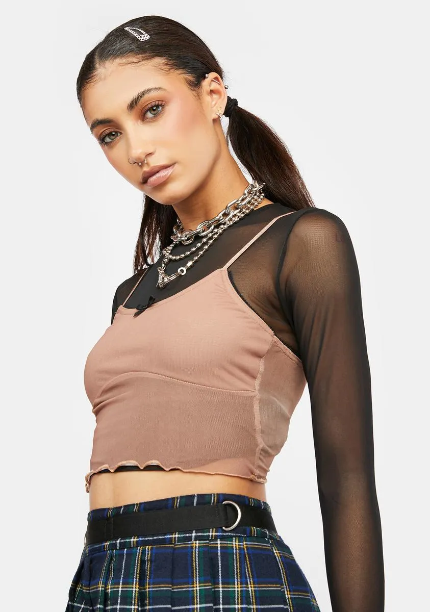 Brown Mesh Crop Tank-