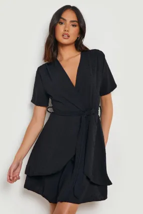 Dobby Short Sleeve Belted Wrap Dress