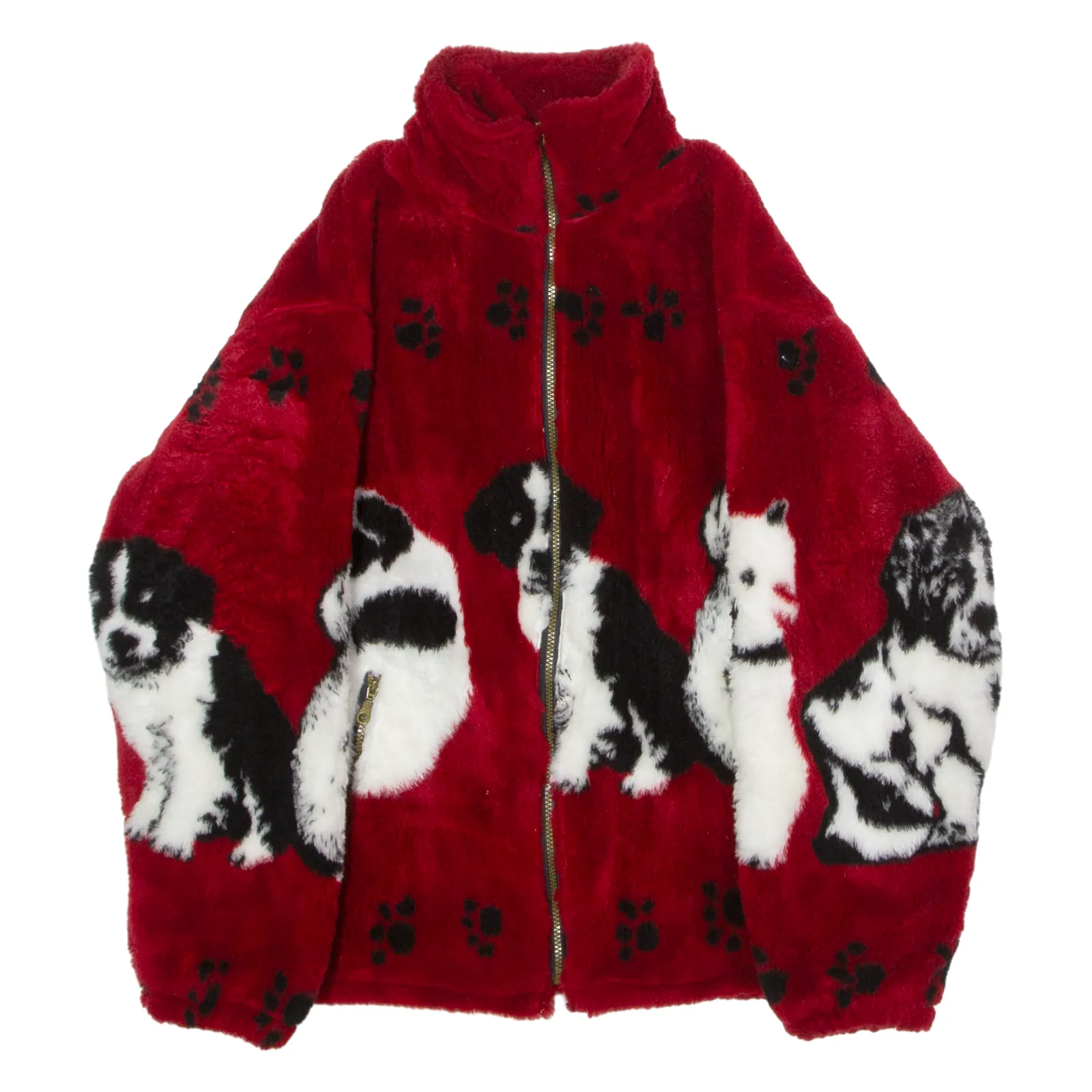 Dog Print Womens Fleece Jacket Red Crazy Pattern M