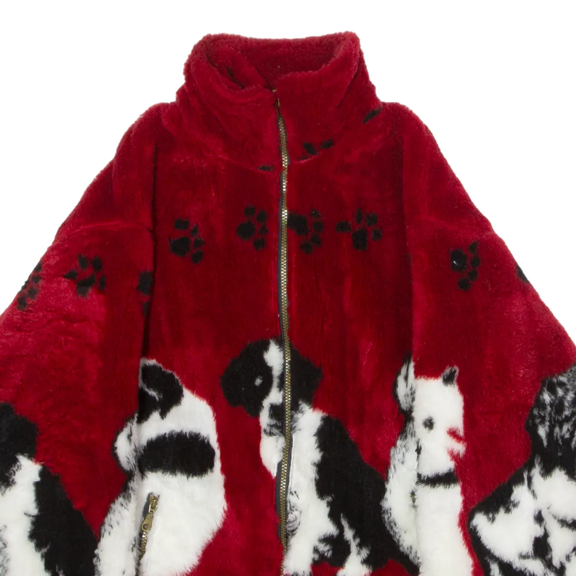 Dog Print Womens Fleece Jacket Red Crazy Pattern M