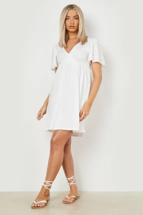 Eyelet Contrast Rib Wrap Smock Dress