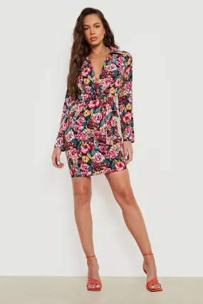 Floral Satin Wrap Detail Dress