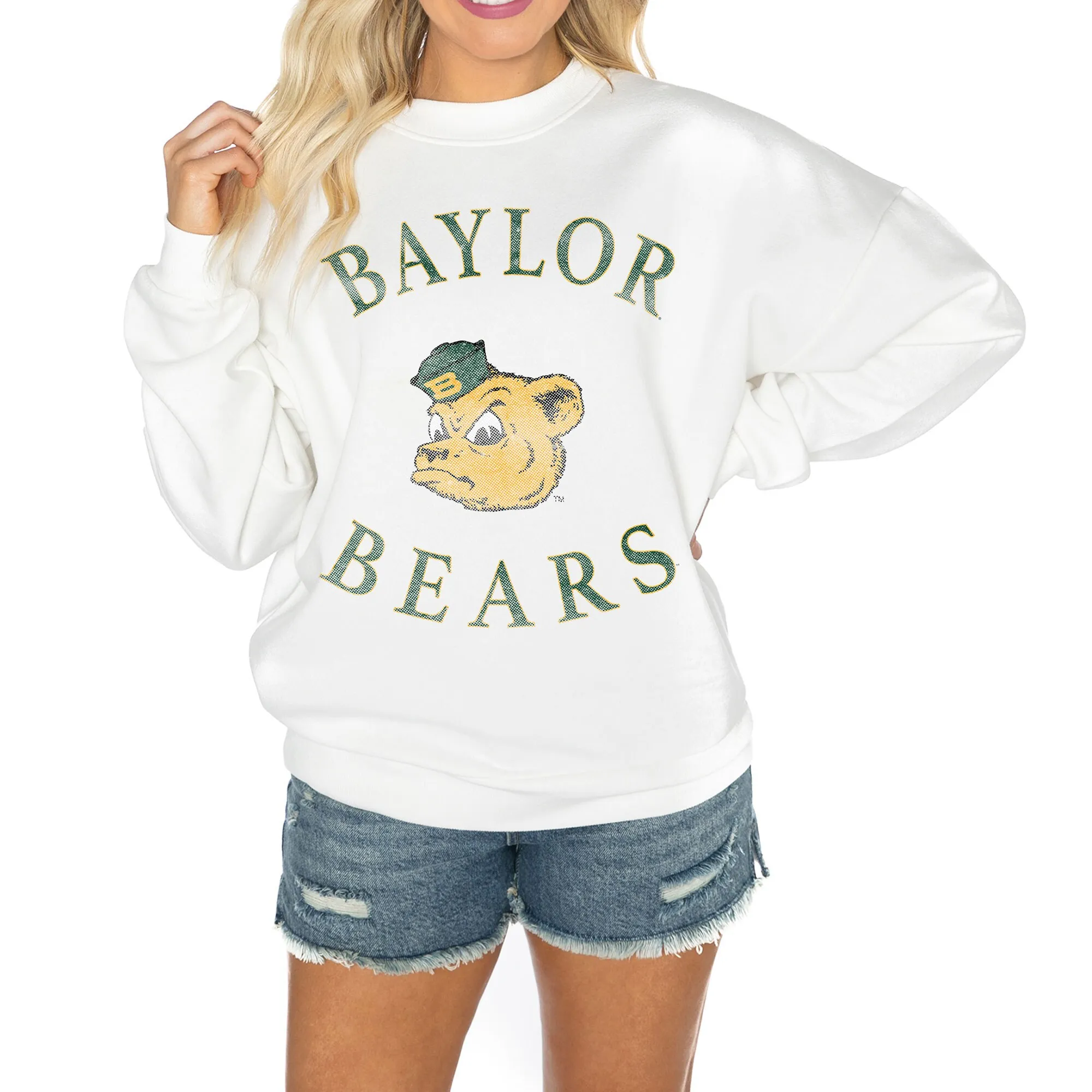 Gameday Couture Baylor Bears Women's White Good Vibes Premium Fleece Drop Shoulder Pullover Sweatshirt