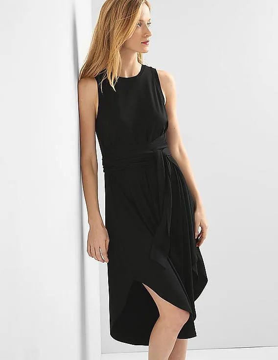 GAP Women Black Wrap-Belt Midi Dress