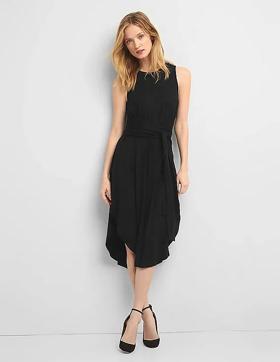 GAP Women Black Wrap-Belt Midi Dress