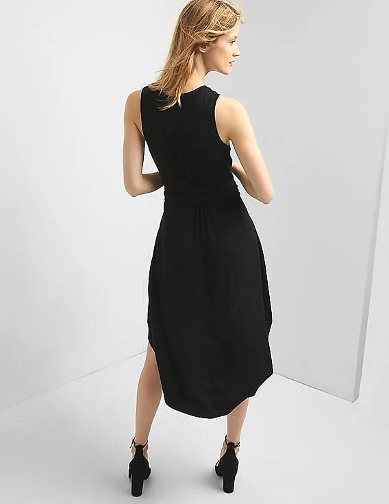 GAP Women Black Wrap-Belt Midi Dress