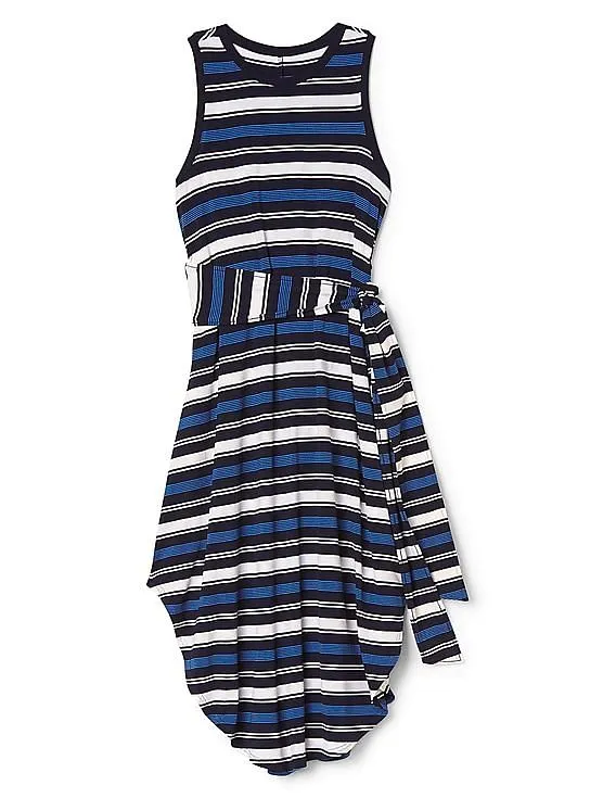 GAP Women Blue Stripe Wrap-Belt Midi Dress