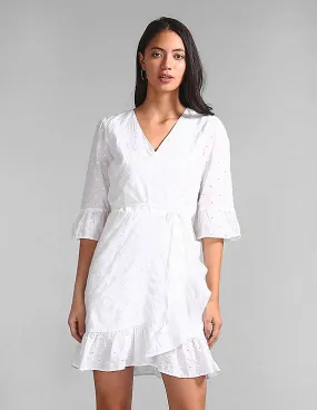 GAP Women White Eyelet Embroidered Ruffle Wrap Dress