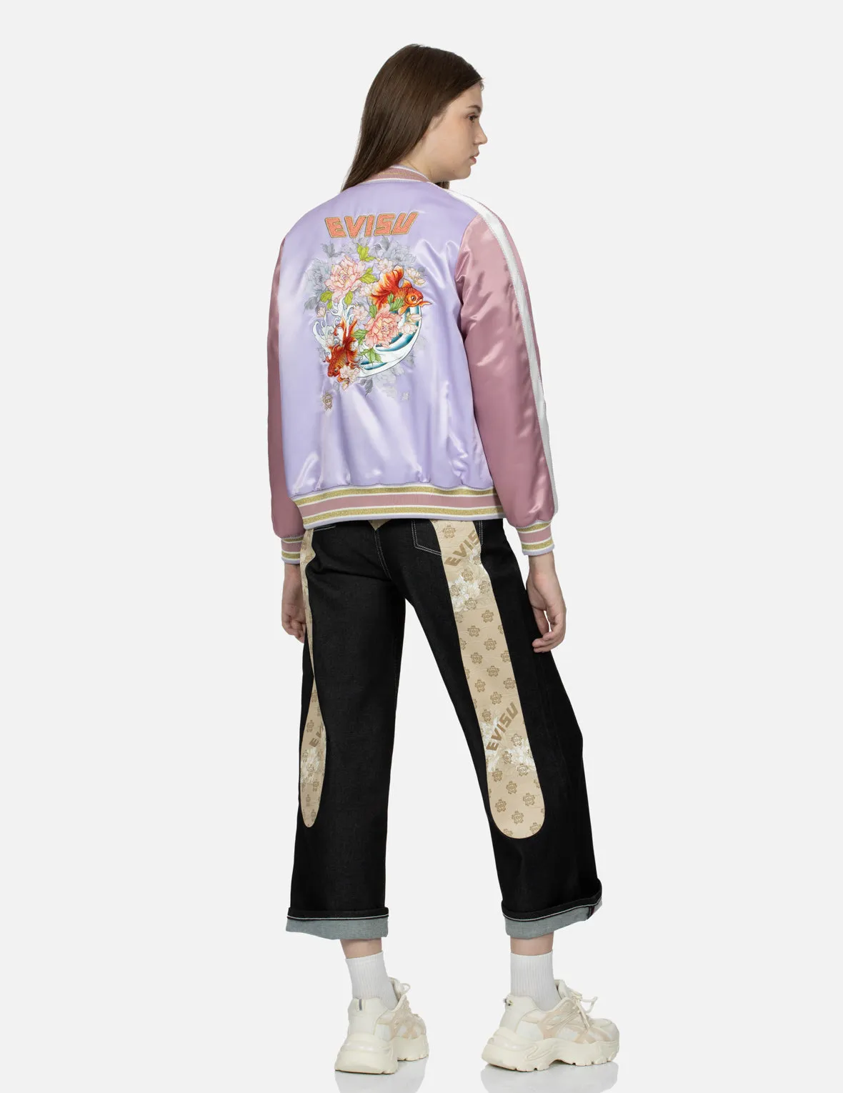 Goldfish and Floral Flow Embroidery Color-blocking Loose Fit Souvenir Jacket