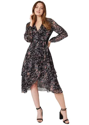 Izabel London Black Floral High Low Wrap Midi Dress