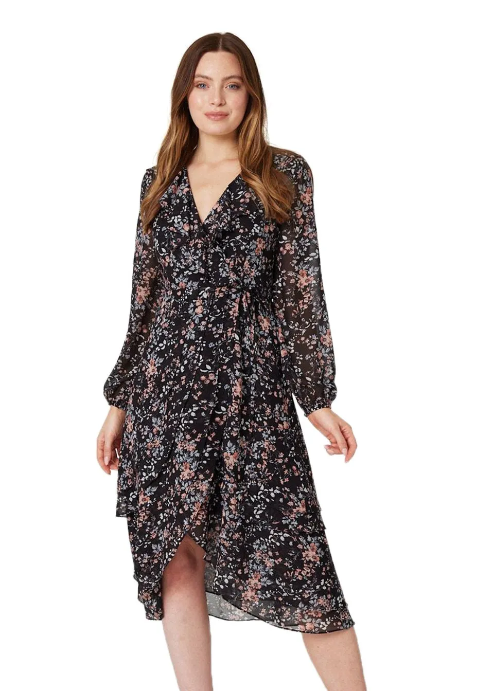 Izabel London Black Floral High Low Wrap Midi Dress