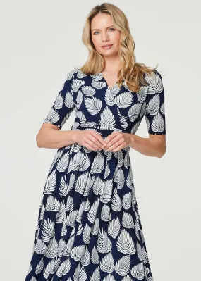 Izabel London Navy Printed Short Sleeve Wrap Tea Dress