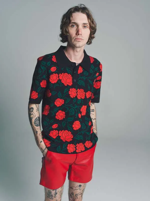 Jacquard Polo - Black/Red Rose