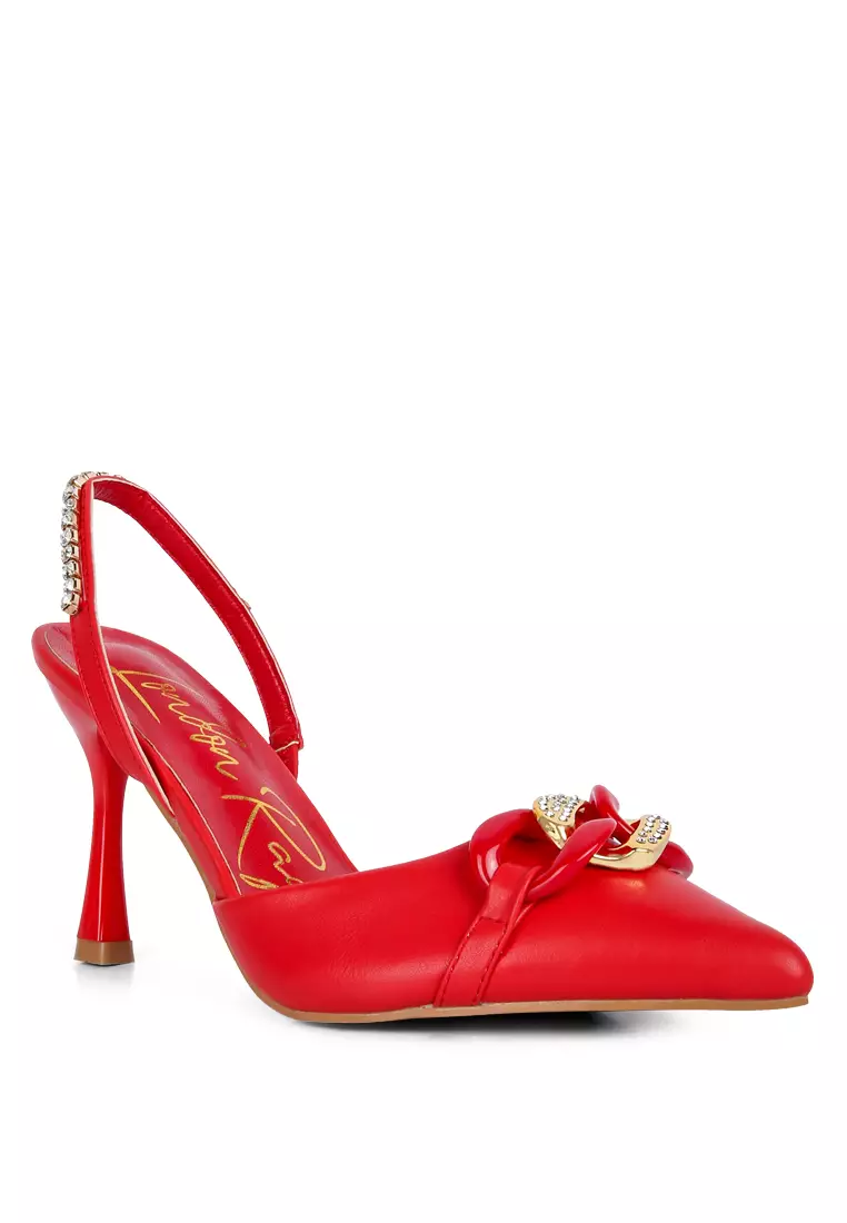 London Rag Red Diamante Metal Chain Sandals