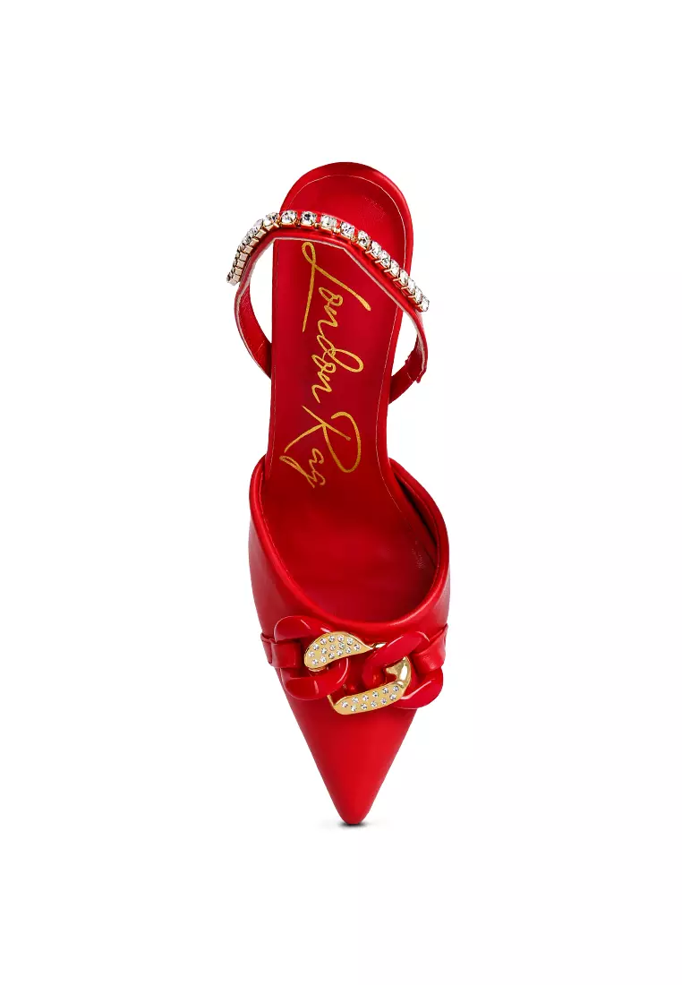 London Rag Red Diamante Metal Chain Sandals