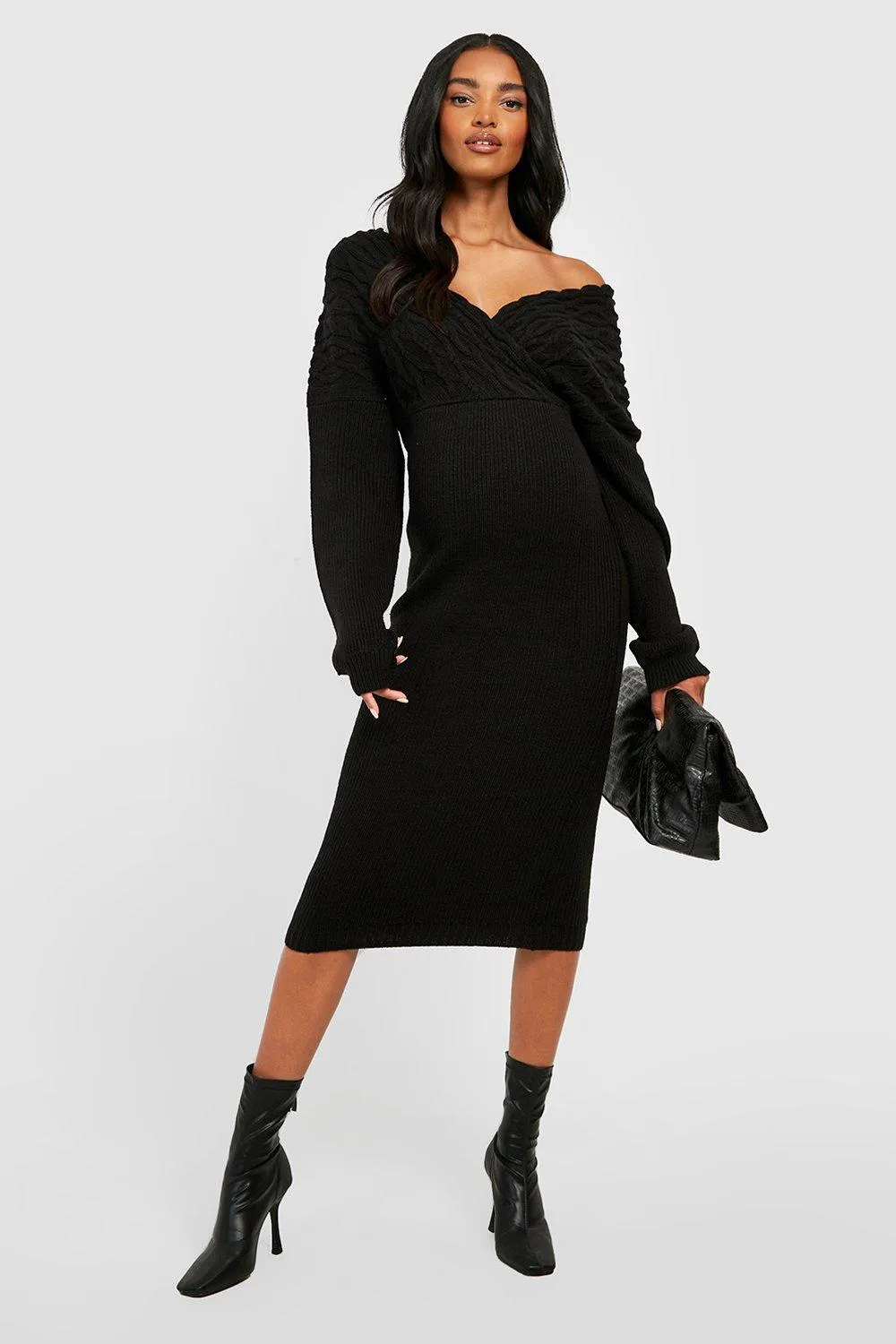 Maternity Knitted Cable Wrap Midi Dress