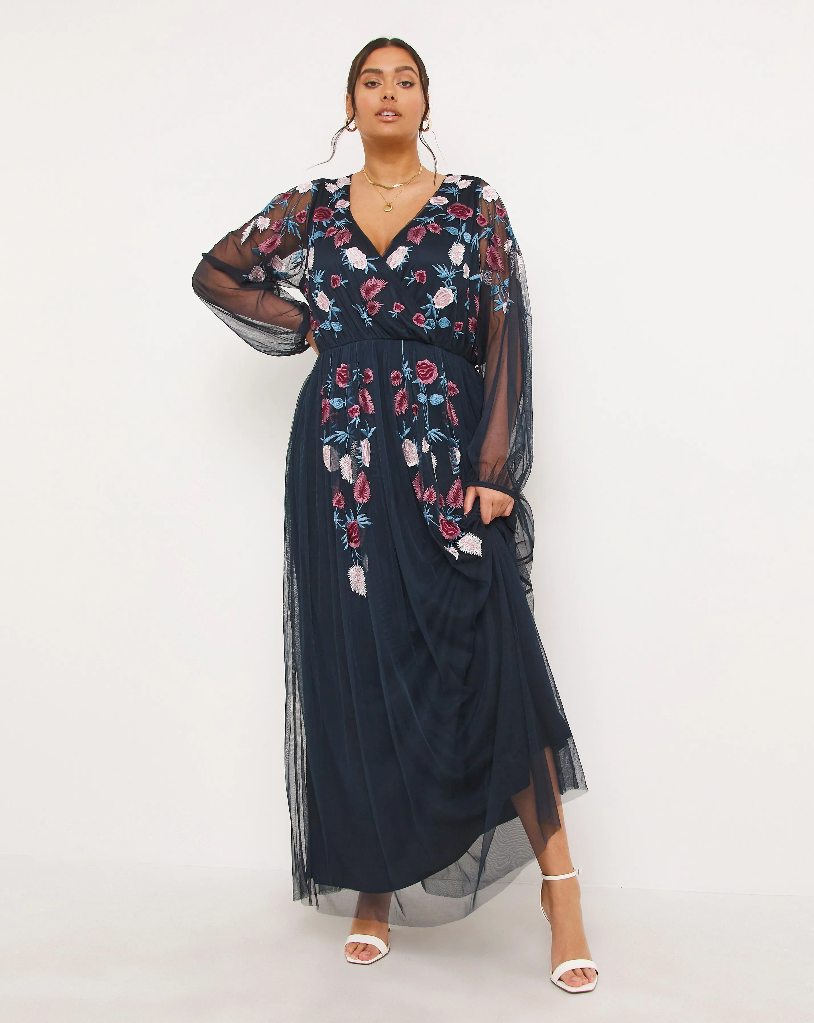 Maya Floral Embroided Wrap Front Tulle Maxi Dress | Simply Be