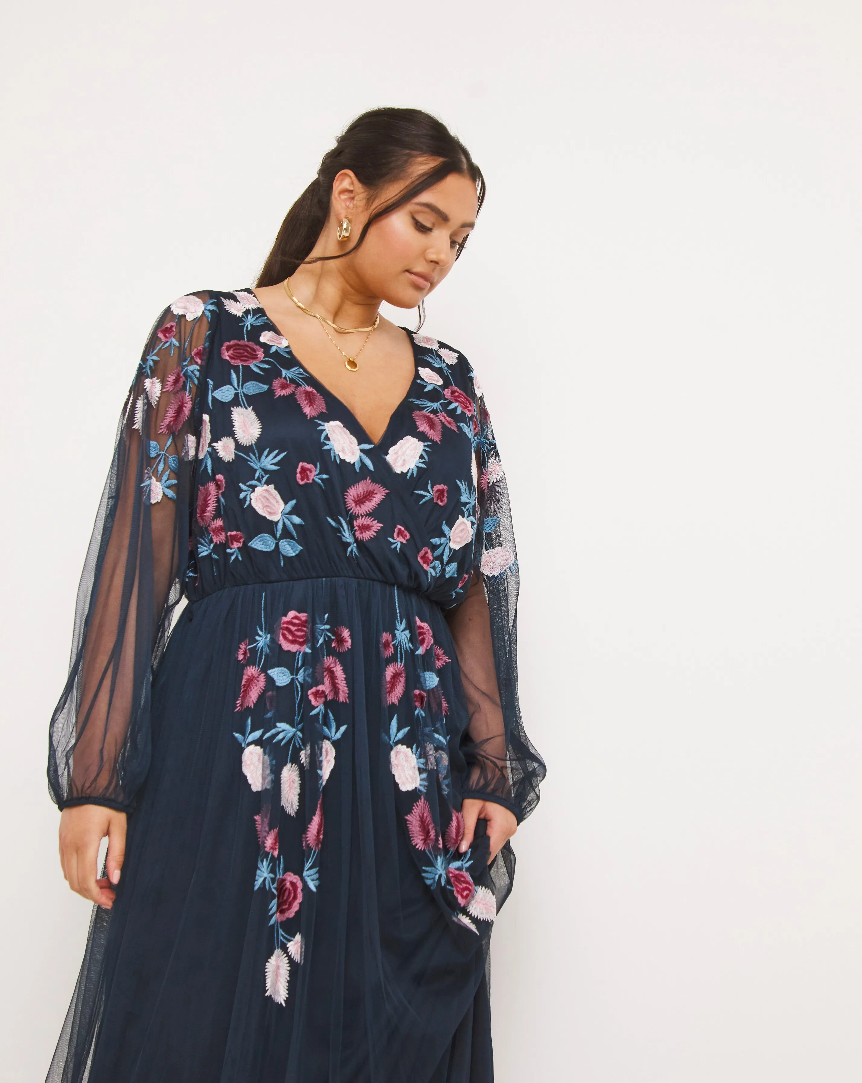 Maya Floral Embroided Wrap Front Tulle Maxi Dress | Simply Be