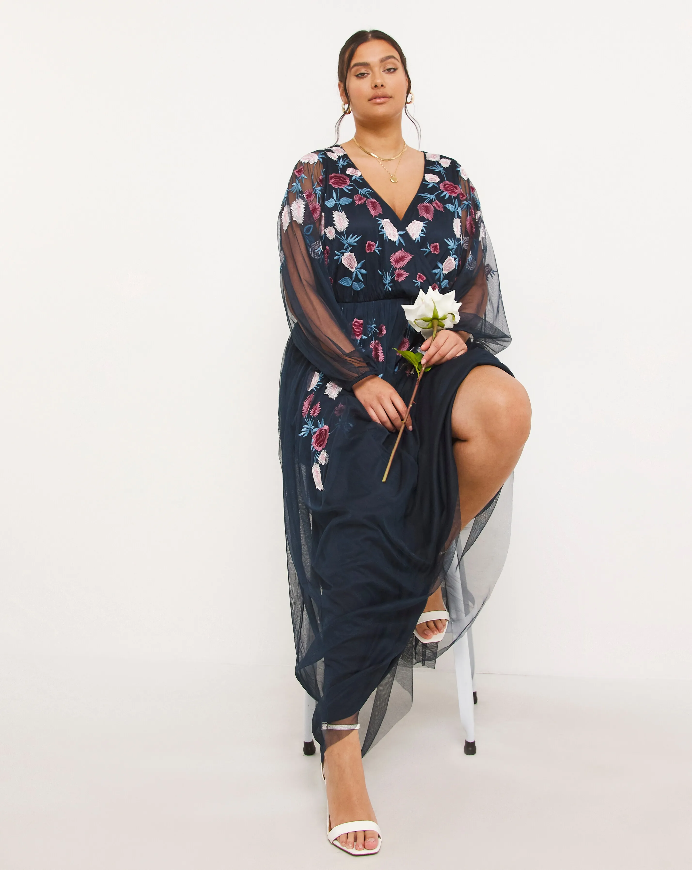 Maya Floral Embroided Wrap Front Tulle Maxi Dress | Simply Be