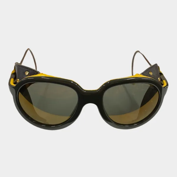 Moncler men's brown and yellow sunglasses with leather sides