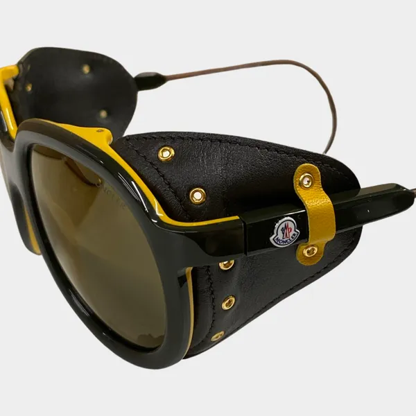 Moncler men's brown and yellow sunglasses with leather sides