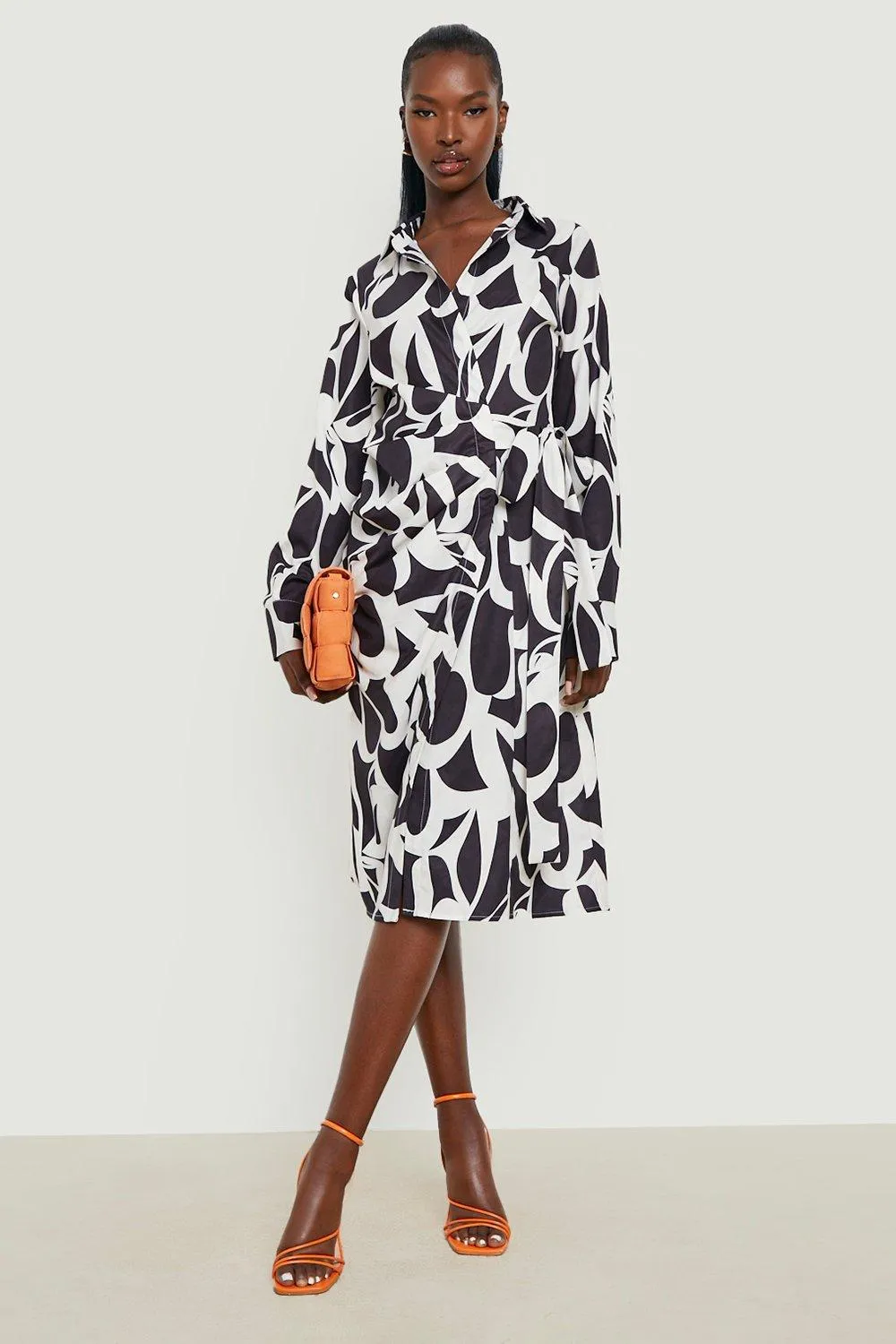 Mono Printed Midi Wrap Shirt Dress