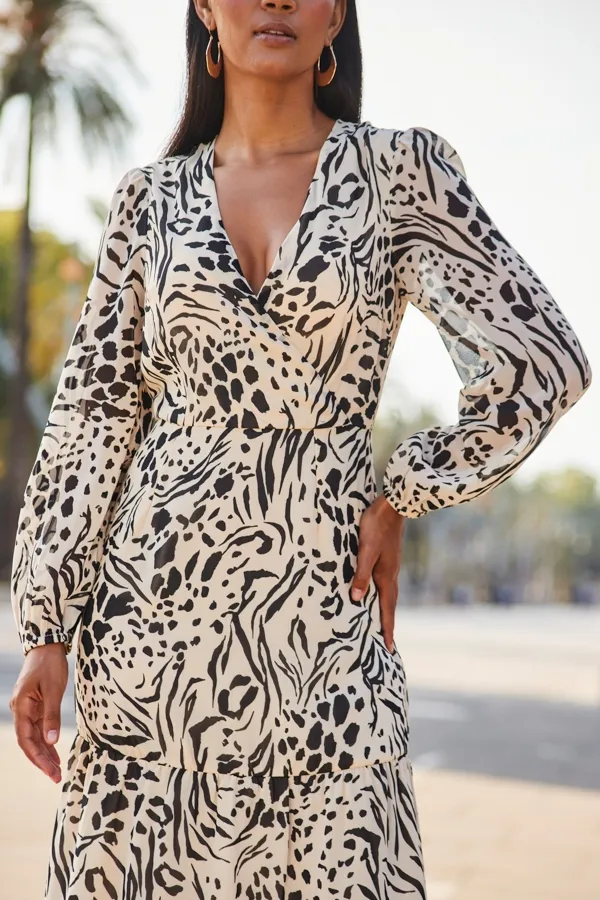 Natural Animal Print Wrap Front Maxi Dress