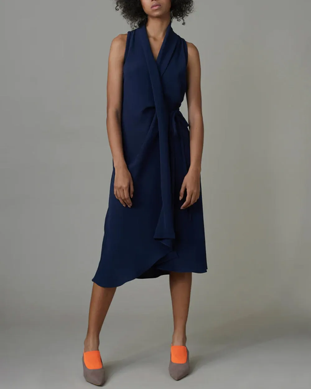 Navy Sleeveless Braid Wrap Dress