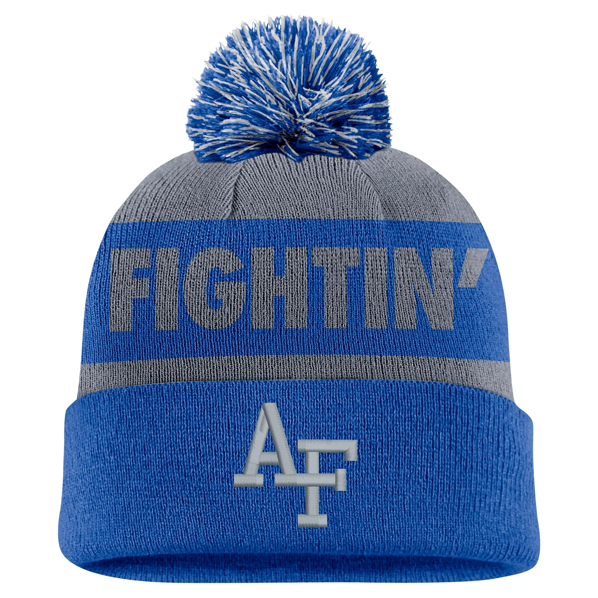 Nike Air Force Falcons Gray/Royal Peak Stripe Cuffed Knit Hat with Pom