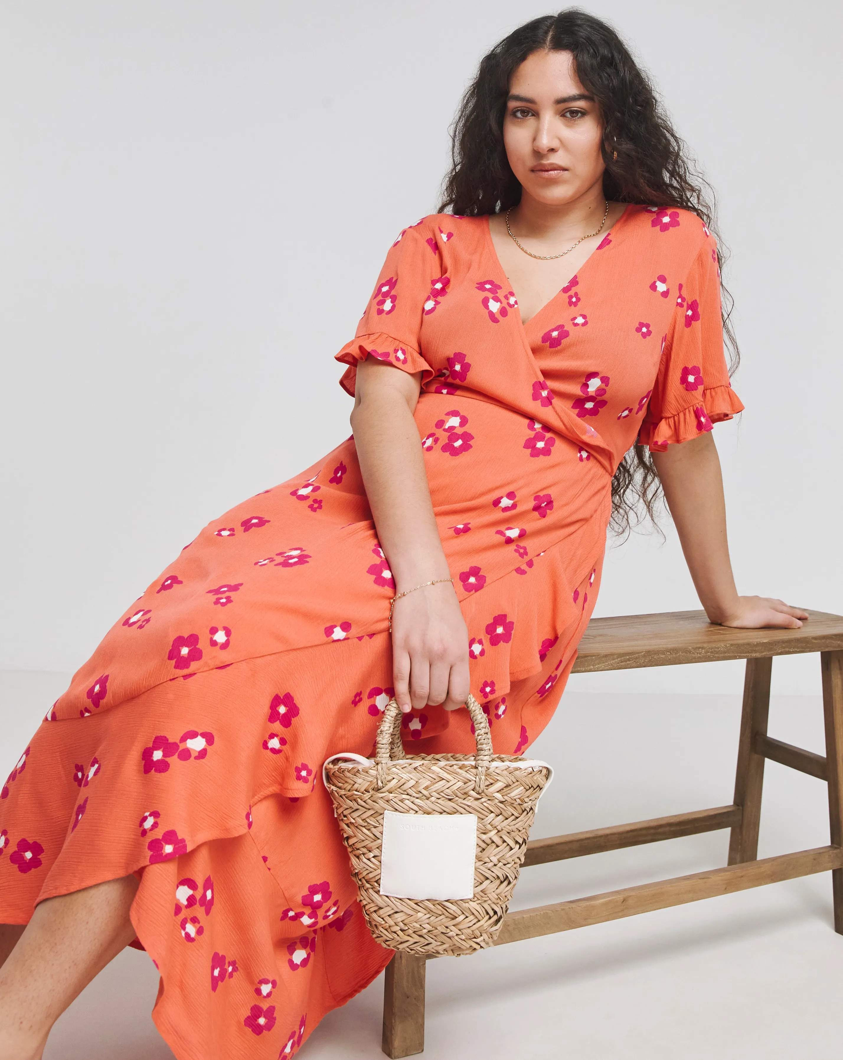 Orange Floral Print Crinkle Wrap Midi Dress | Simply Be