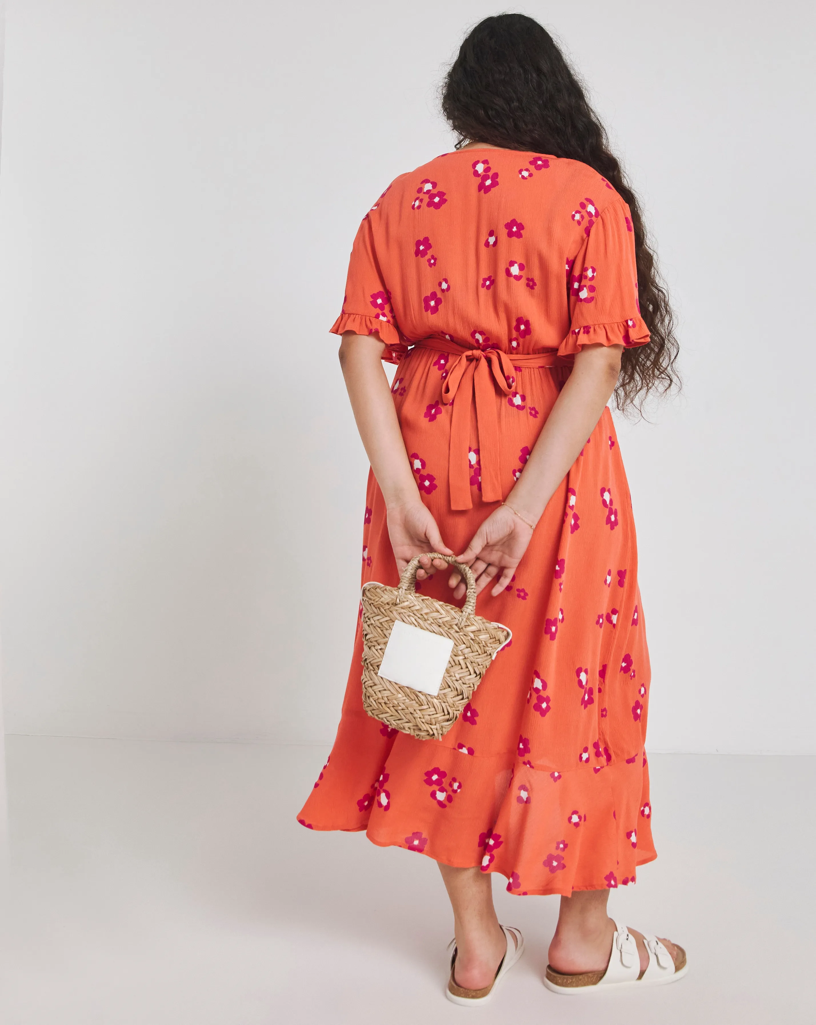 Orange Floral Print Crinkle Wrap Midi Dress | Simply Be