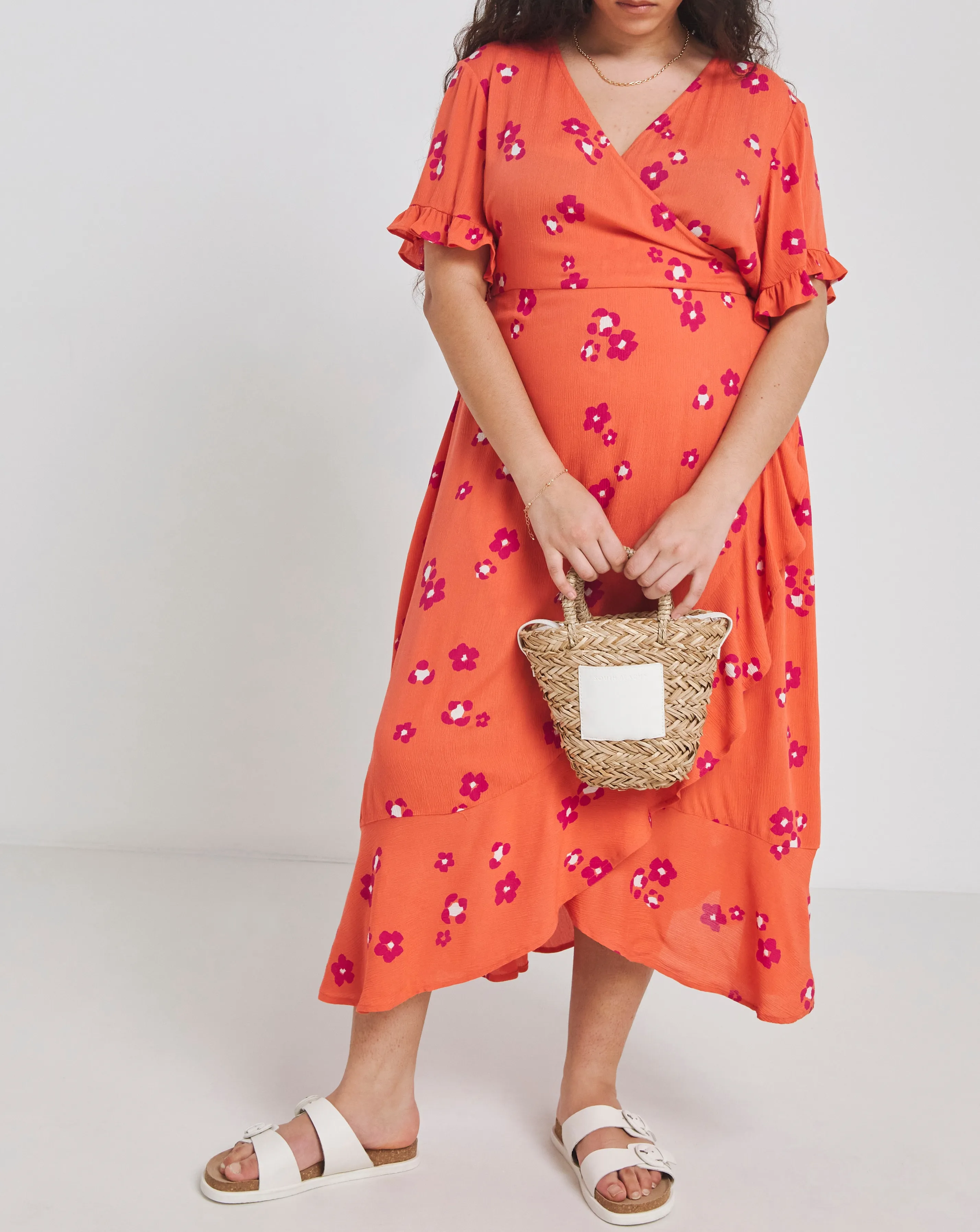 Orange Floral Print Crinkle Wrap Midi Dress | Simply Be