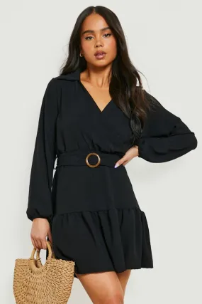 Petite Satin Belted Buckle Wrap Dress