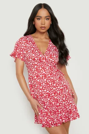 Petite Woven Floral Print Wrap Tea Dress