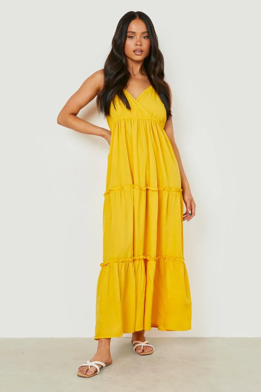 Petite Woven Wrap Tiered Maxi Dress