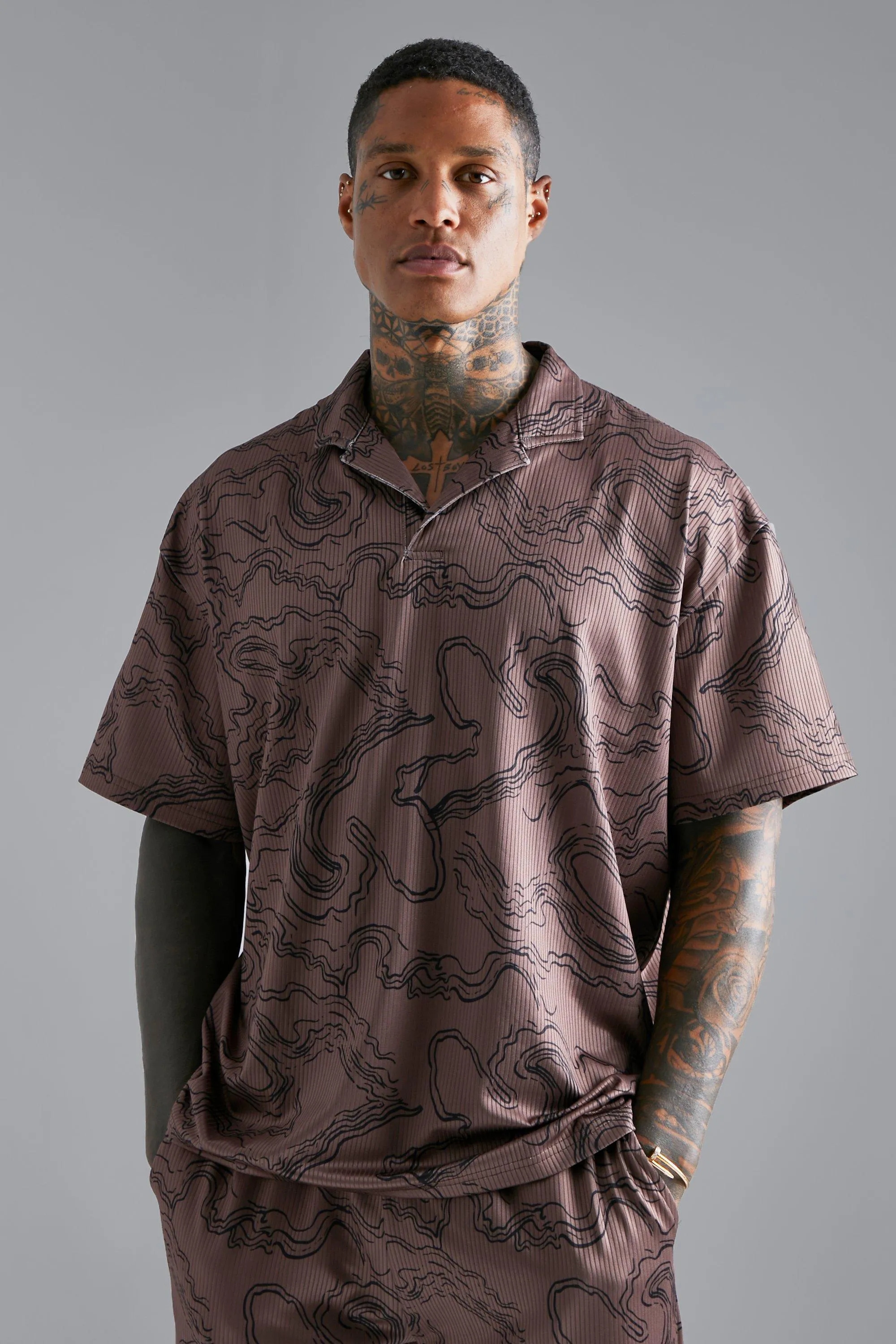 Pleated Printed Oversized Revere Polo 