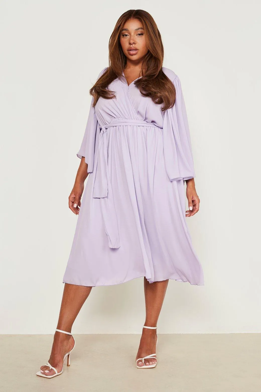 Plus Angel Sleeve Wrap Midi Dress