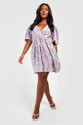 Plus Floral Puff Sleeve Wrap Skater Dress