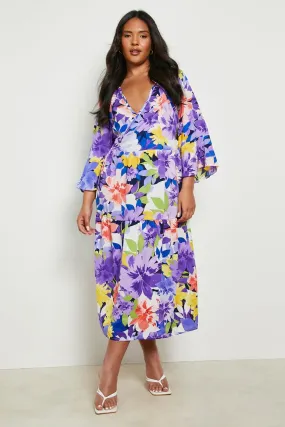 Plus Floral Wrap Front Smock Midi Dress